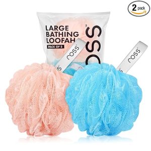 ross Large Bath Loofah Sponge Scrubber Exfoliator for High Lather Cleansing (Peach and Blue) - Image 1