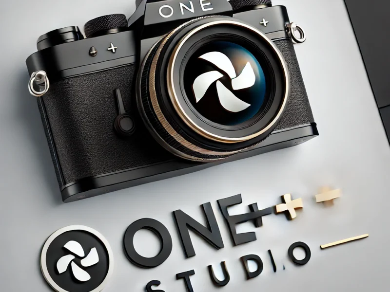 DALL·E 2024-12-07 10.51.37 - A stylish and professional logo design for 'ONE+STUDIO', creatively integrated with a camera theme. The logo includes sleek, modern typography with th